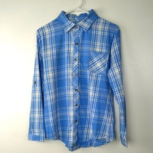 Blue Plaid Shirt Long Roll Tab Sleeve Button Up Women's Size Small NEW
